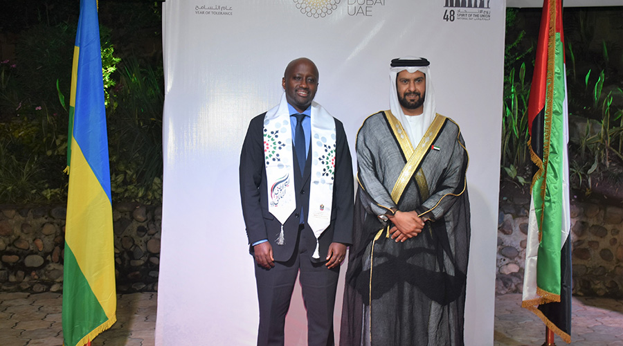 Hazza Alqahtani, UAE Ambassador to Rwanda (R) with Olivier Nduhungirehe, Rwanda's State Minister in charge of EAC. / Courtesy