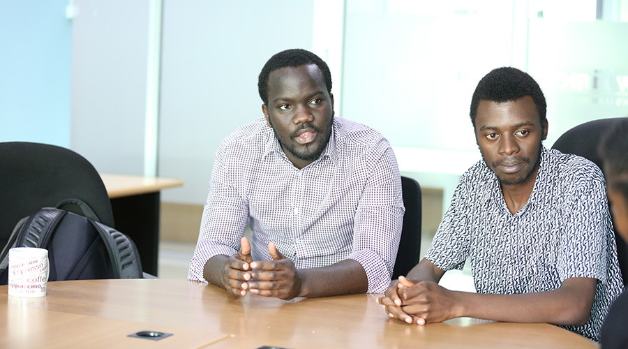 Scott Gaga Butera (L) and Jean-Christian Ndikubwayo, the founders of MNI-Muzika Nyarwanda Ipande Ltd, during an interview at The New Times Offices. / Courtesy