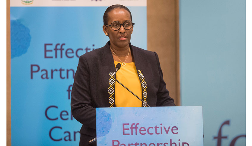 First Lady Jeannette Kagame has commended a new programme that will provide cervical cancer prevention to women aged between 30-49. The First Lady says that cervical cancer is preventable and called for more efforts to fight it. Photo: Emmanuel Kwizera. 