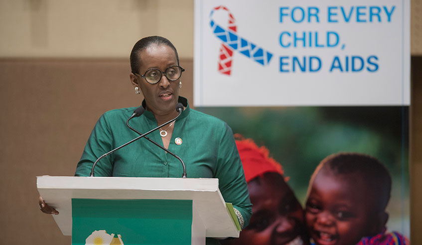 First Lady Jeannette Kagame addressing a session on ending HIV/AIDS in young women and adolescents that is part of the ongoing ICASA meeting in Kigali on Wednesday. The session was organised by UNICEF. Courtesy