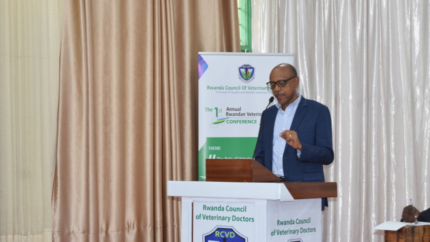 Dr Theogene Rutagwenda, from the Ministry of Agriculture and Animal Resources speaks at the conference. 