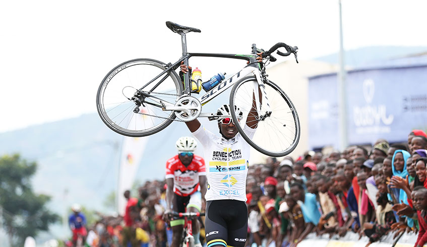 Renus Byiza Uhiriwe, 19, celebrates his solo finish after winning the Central Challenge in Muhanga District last month.  Sam Ngendahimana