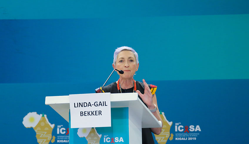 Linda Gail Bekker speaks at the ICASA conference in Kigali on Thursday. Photo: D. Nsengiyumva.