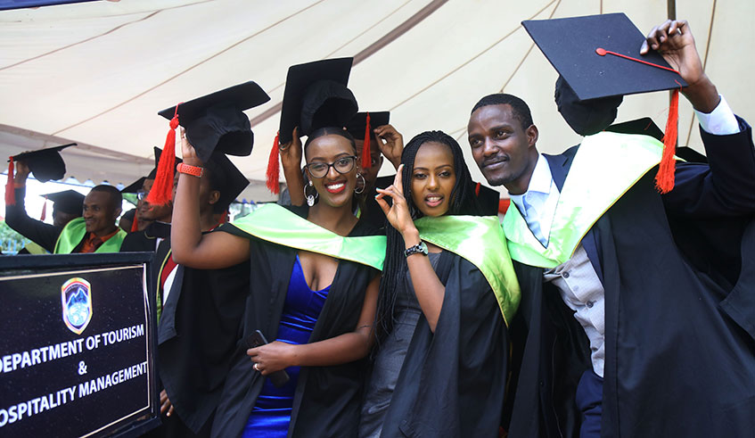 Mount Kenya University students celebrate during the graduation ceremony in Kigali yesterday. Photo: Sam Ngendahimana.