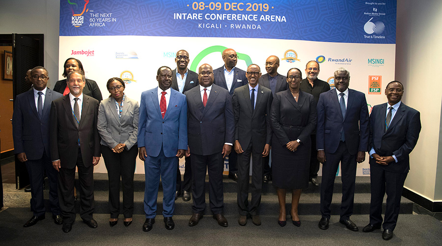 R-L: Wilfred Kiboro, Nation Media Group Chairman; Moussa Faki Mahamat, the Chairperson of the African Union Commission; First Lady Jeannette Kagame; President Paul Kagame; DR Congo President Fu00e9lix Tshisekedi; Raila Odinga, the Africa Union High Representative for Infrastructure Development; Vera Songwe, Executive Secretary of the United Nations Economic Commission for Africa; and Vincent Biruta (extreme left) in a group photo during the inaugural u2018Kusi Ideas Festivalu2019 at the Intare Conference Arena on Sunday. 