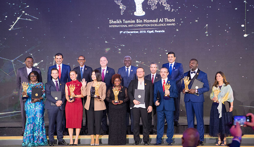 President Kagame, Sheikh Tamim Bin Hamad Al Thani, the Emir of Qatar (back row, 2nd left), Namibian President Hage Geingob (back row left) Gianni Infantino the FIFA President, AU Commission Chairperson Moussa Faki Mahamat and the Qatari Attorney General , Ali Bin Fetais Al-Marri among other dignitaries, join the ACE 2019 laureates in a group photo in Kigali on Monday.   Photo: Village Urugwiro. 