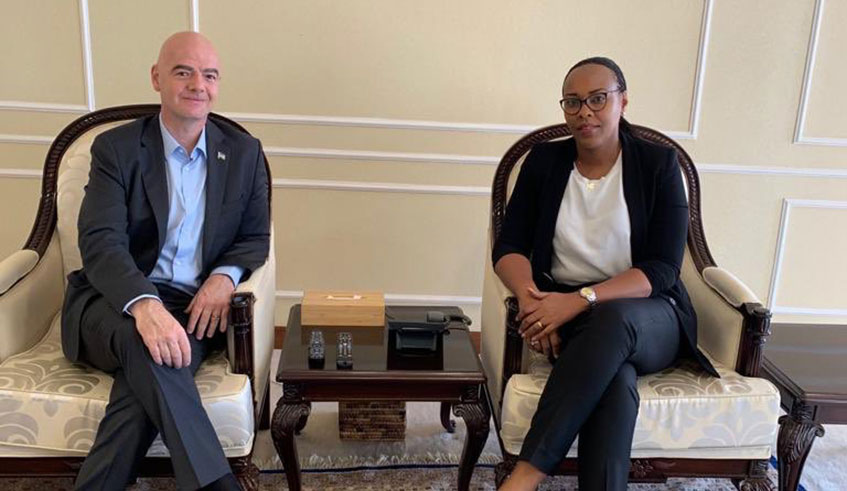 Minister for Sports, Aurore Mimosa Munyangaju (R) met with FIFA President Gianni Infantino  on the sidelines of the International Anti-Corruption Excellence Award. (Courtesy)