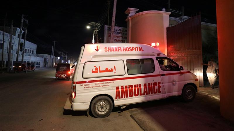 An ambulance carrying an injured person from the attack on SYL hotel arrives to the Shaafi hospital in Mogadishu. 