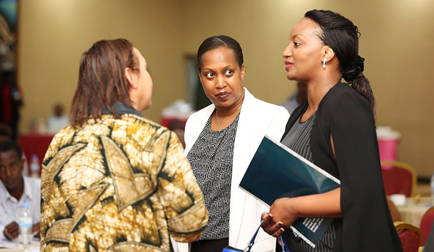 Soraya Hakuziyaremye (right), Minister of Trade and Industry interacts with the Director-General of NIRDA and Dr Frannie Leautie, the Executive Officer Eastern and Southern Africa Trade and Development Bank after a meeting in Kigali on Tuesday. A new scheme dubbed, u2018Cow in the Car, that seeks to leverage science and technology to get more returns from cowhides, hones, and fats, is set to help improve the countryu2019s livestock value chain. Sam Ngendahimana.
