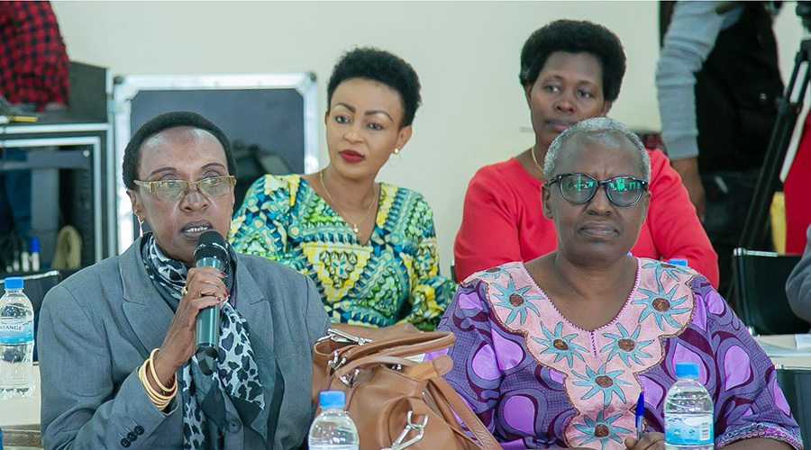 Transparency International Rwanda Chairperson Marie-Immaculu00e9e Ingabire speaks to journalists as ACTION AID Country Director Josephine Uwamariya and other participants look on yesterday. 