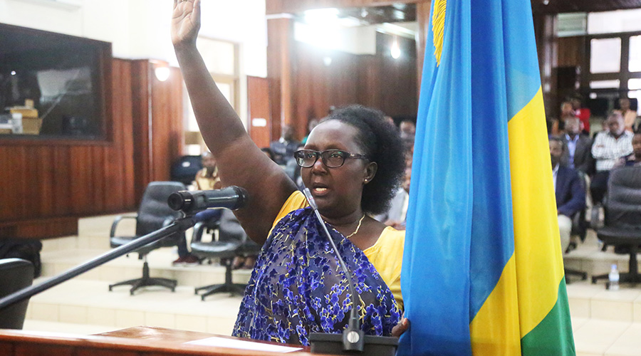 The new Chairperson of Rwanda Law Reform Commission Domitille Mukantaganzwa during the swearing-in event at the Supreme Court in Kigali yesterday. 