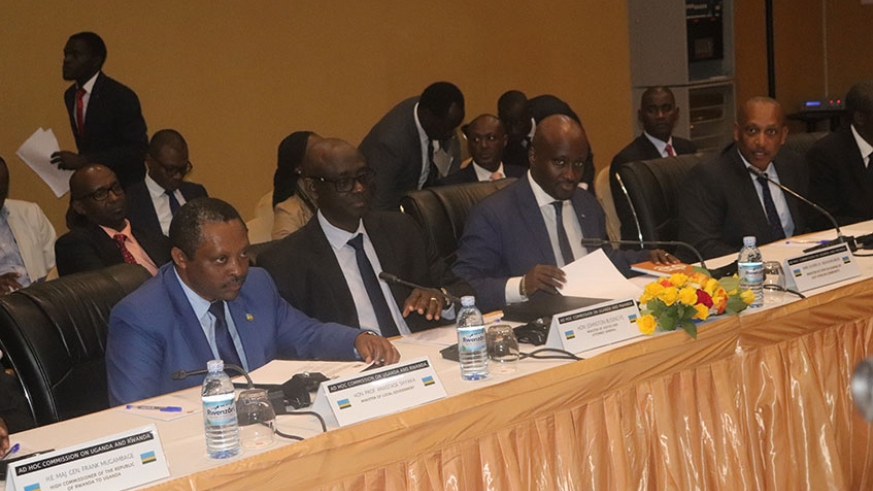 Members of the Rwandan ministerial delegation (left-right) Prof. Shyaka, Busingye, Nduhungirehe and Nyamvumba during the talks in Kampala yesterday. 