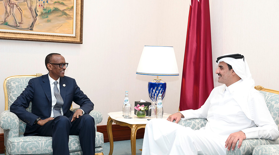 President Paul Kagame (left) talks to the Emir of Qatar, His Highness Tamim bin Hamad Al-Thani, on the sidelines of the 2019 Doha Forum. The Forum was established in 2000 as a platform for dialogue on critical global challenges. 