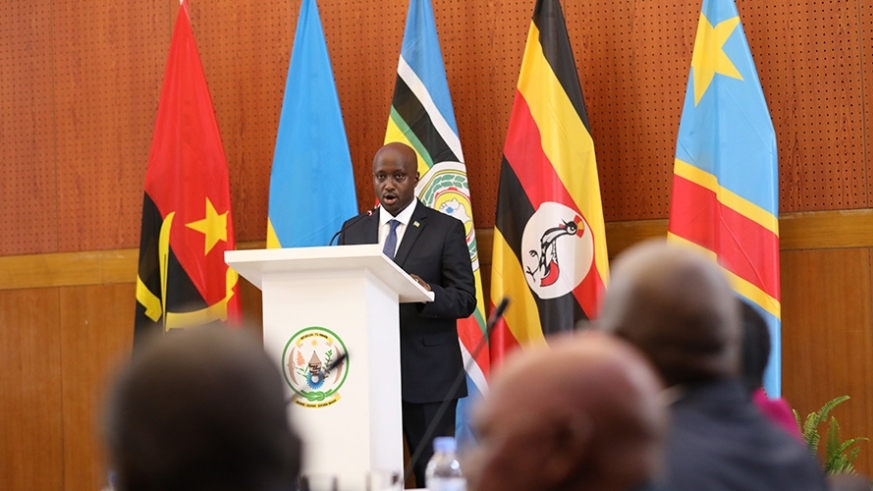 Amb. Olivier Nduhungirehe, Rwanda's Minister of State in charge of the East African Community makes his remarks at MINAFFET in Kigali on September 16, 2019. 