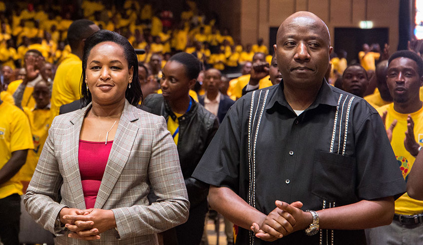 The Minister for Youth and Culture, Rosemary Mbabazi (left) and Prime Minister Edouard Ngirente during the YouthConnekt2019 Convention at the Intare Conference Arena in Gasabo District yesterday. Ngirente reminded the youth that they are the foundation of the countryu2019s development, urging them to maximise their potential. Dan nsengiyumva.