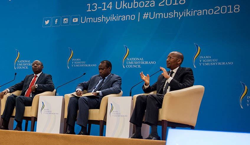Prime Minister Edouard Ngirente, Finance Minister Uzziel Ndagijimana, and Central Bank Governor John Rwangombwa during Umushyikirano 2018. Courtesy.