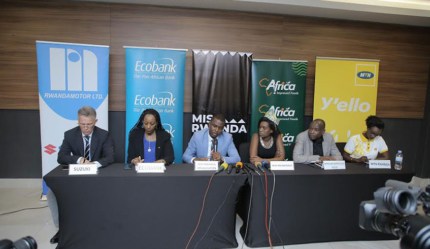 Rwanda Inspiration Backupu2019s Ishimwe (centre), Miss Rwanda 2019 Meghan Nimwiza, and representives from the sponsors adressing journalists on Wednesday. Courtesy photos.