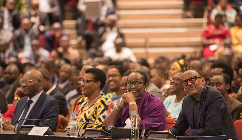 (L-R)Senate President Dr Augustin Iyamuremye, Chamber of Deputies Speaker Donatille Mukabalisa, First Lady Jeannette Kagame, and President Paul Kagame on the last day of the National Umushyikirano Council at Kigali Convention Centre on Friday.  Photo: 