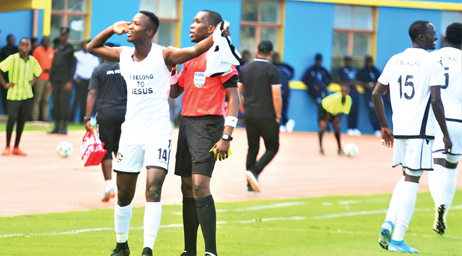 Lague Byiringiro, who was sent off early in the second half, celebrates after scoring the opener during APRâ€™s 2-0 win over Rayon Sports at Amahoro Stadium on Saturday. / Sam Ngendahimana