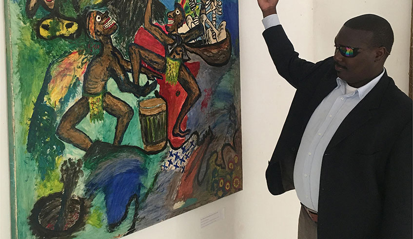 Cesar Abimana Ziragaba in front of his painting u201cCatastropheu201d, oil paint on wood, 122 x 122 cm, painted in 2000 and enquired by the National Art Gallery of Rwanda in 2006. Painting now forms permanent collection of the Rwanda Art Museum. Photos: 