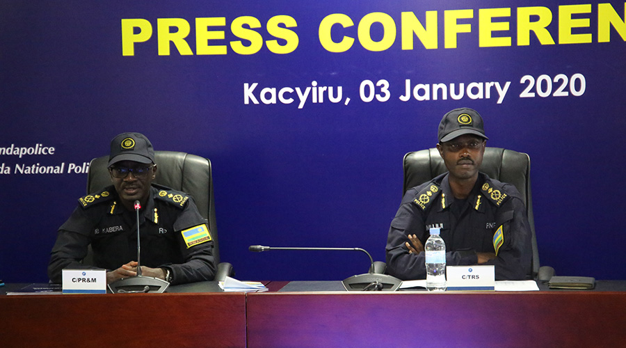 CP John Bosco Kabera and CP Rafiki Mujiji address the media in Kigali on Friday. 