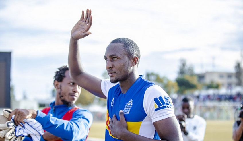 Ernest Sugira, seen here appreciating the fans at Kigali Stadium after the match, was loaned to Rayon Sports by APR last week. 