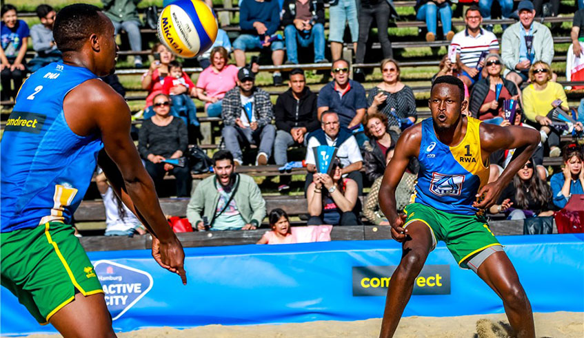 Olivier Ntagengwa (#2) and Patrick Kavalo represented Rwanda and Africa at the Beach Volleyball World Championships in Hamburg, Germany last year. Net photo.