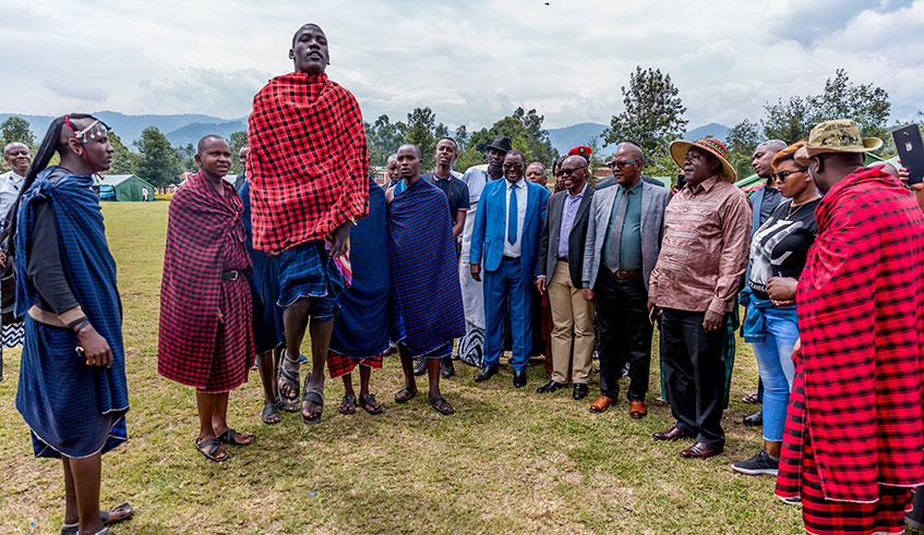 Officials follow a performance by a Tanzanian cultural troupe at the Rwanda Defence Force Command and Staff College in Musanze District on Friday. Forty-seven senior military officers from 12 African countries, who are attending a course at the college, showcased the culture of their respective countries. 