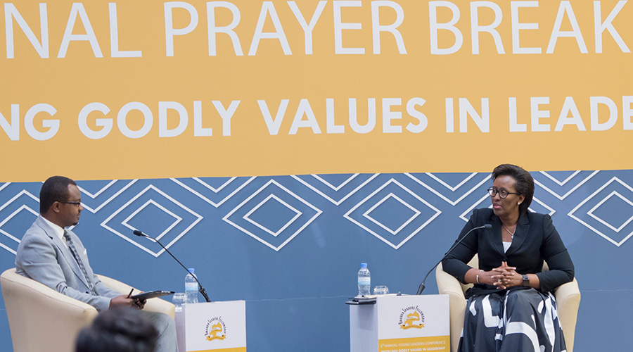 First Lady Jeannette Kagame speaks at a panel discussion during the National Prayer Breakfast, an annual event organised by the Rwanda Leaders Fellowship (RLF) with the purpose of bringing leaders in senior positions to fellowship together, pray for the nation and share the Word of God. On the left is Pastor Didier Habimana of Zion Temple, Kimironko. 