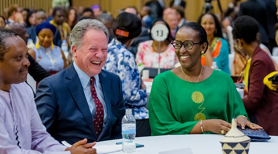 First Lady Jeannette Kagame shares a light moment with David Beasley, the Executive Director of World Food Programme and former Governor of the State of South Carolina, the dayu2019s preacher at the National Prayer Breakfast on Sunday. On the left is Minister for Local Government Prof. Anastase Shyaka. 