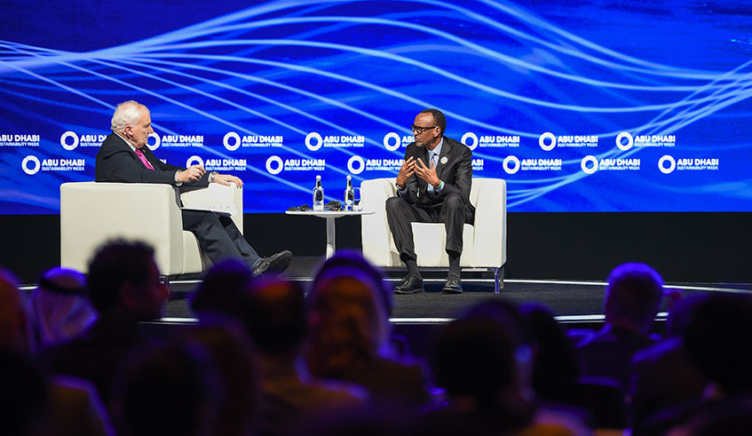 President Kagame during a Presidential Keynote Interview of the Future Sustainability Summit conducted by British broadcast journalist Nik Gowing, in Abu Dhabi yesterday. During the interaction, they discussed Rwandau2019s Sustainability Development Goals. The interview was held as part of Abu Dhabi Sustainability Week, which started on Monday. 