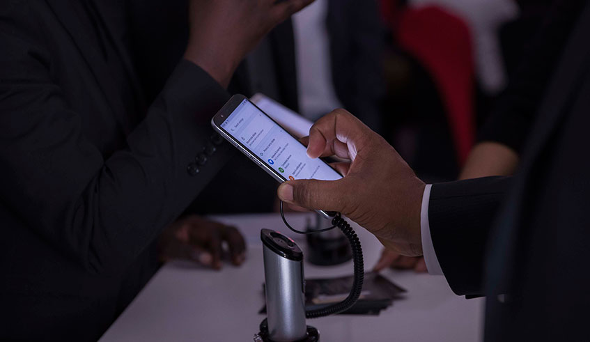 A Mara Phone smartphone during the launch of Mara Phones Factory in Kigali on October 7, 2019. 