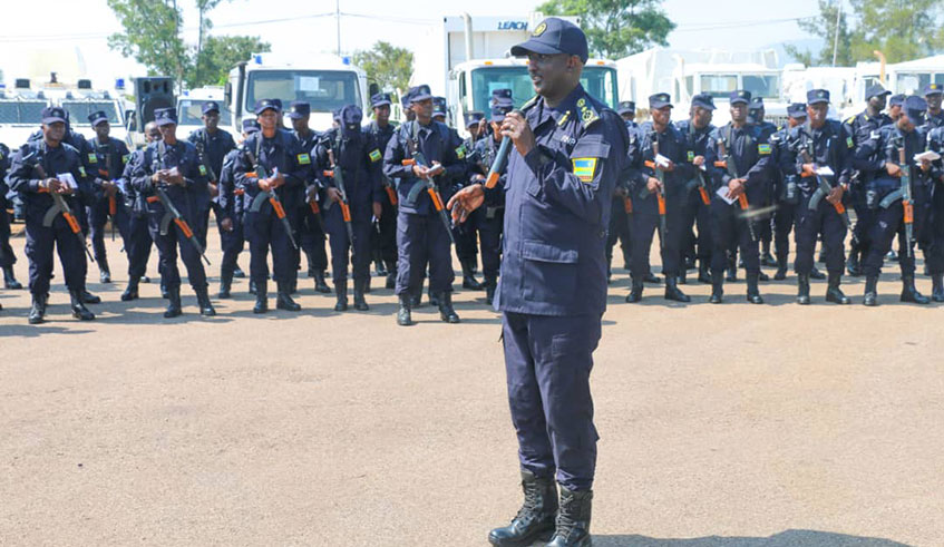 The Deputy Inspector General of Police in charge of Operations, Felix Namuhoranye addresses the Police officers set to be deployed for peacekeeping operations in Central African Republic. 