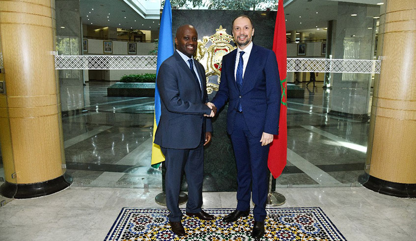 State Minister for EAC Olivier Nduhungirehe and Mohcine Jazouli, the Moroccan Minister Delegate for African Cooperation in Rabat on Tuesday.