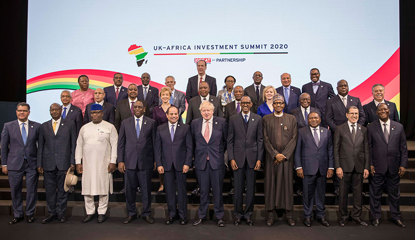 President Kagame and other Heads of State and Government, and other leaders pose for a group photo during the UK-Africa Investment Summit in London yesterday. Kagame told the gathering that Africa was ready to trade with itself and the rest of the world, citing the coming into force of the Continental Free Trade Area (AfCFTA). 