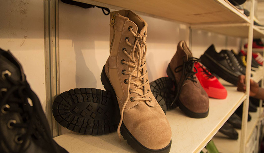 Footware made by Kigali Leather on display during a Made-in-Rwanda exhibition at Gikondo Expo Grounds last year.