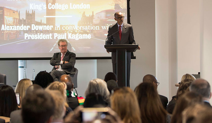 President Kagame speaks at Kingu2019s College in London International School for Government yesterday. The Head of State said that Rwanda was considering waiving visa fees for citizens from African Union, Commonwealth and La Francophonie member countries, in an ongoing effort to open up the country to trade and other opportunities that come with easy movement.