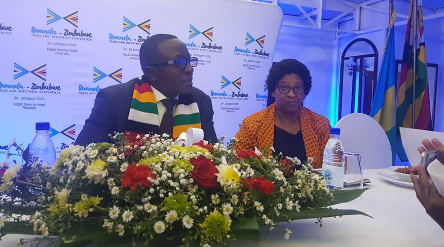 David Musabayana, Zimbabweu2019s Deputy Minister for Foreign Affairs and International Trade (left), addresses the media during the unveiling of the upcoming u2018Rwanda-Zimbabwe Trade and Investment Conferenceu2019, that will take place in Kigali in March. Looking on is Seku Kuvarika, Confederation of Zimbabwe Industries chief executive, in Harare on Wednesday. 
