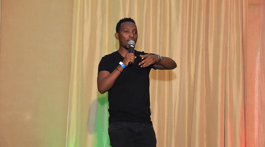 Arthur Nkusi, the brains behind Seka Live, during the show at Kigali Marriott Hotel on Sunday.