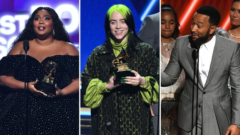(L-R): Lizzo and Billie Eilish accept their awards, as John Legend pays tribute to rapper Nipsey Hussle and basketball player Kobe Bryant, at the 62nd annual Grammys in Los Angeles on Jan. 26. Net.
