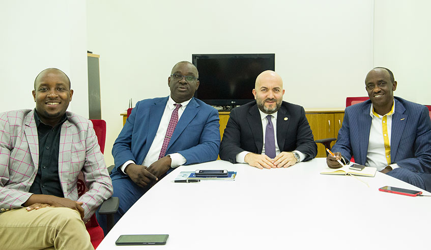 (L-R) Charles Haba, the Managing Director of Century Real Estate; Africau2019s federation and near east region president Joseph Akhigbe; International Real Estate Federation world President, Walid Moussa during the interview with The New Times they discussed on aim of collectively looking at how the federation can strengthen its base on the African continent by among others, establishing its chapter in Rwanda at Gishushu, Century Real Estate Headquarters on January 27th, 2020. (All photos by Dan Nsengiyumva)