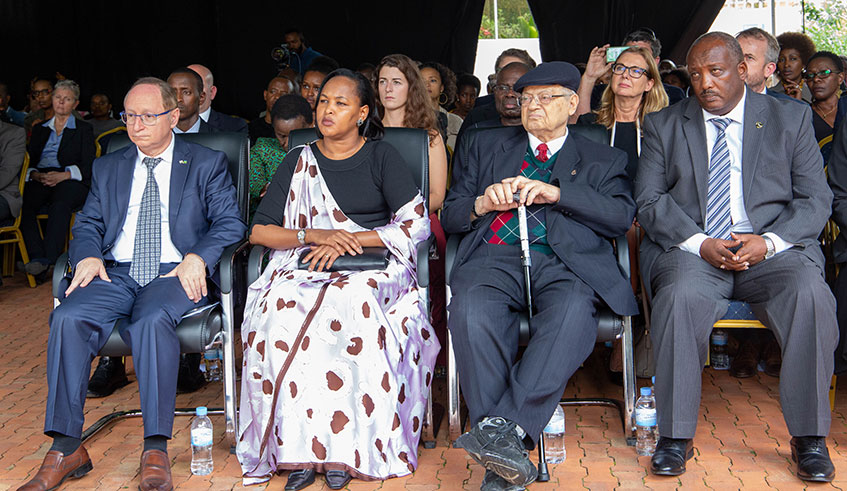 (L-R) Amb. Ron Adam, Israeli envoy to Rwanda; Minister for Youth and Culture Rosemary Mbabazi; Holocaust survivor David Frankel; and Ibuka president Jean Pierre Dusingizemungu, and other guests during the 75th International Holocaust Remembrance Day event at Kigali Genocide Memorial on January 27. 