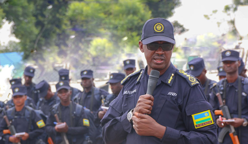 IGP Dan Munyuza addresses the police officers in Bugesera yesterday. 