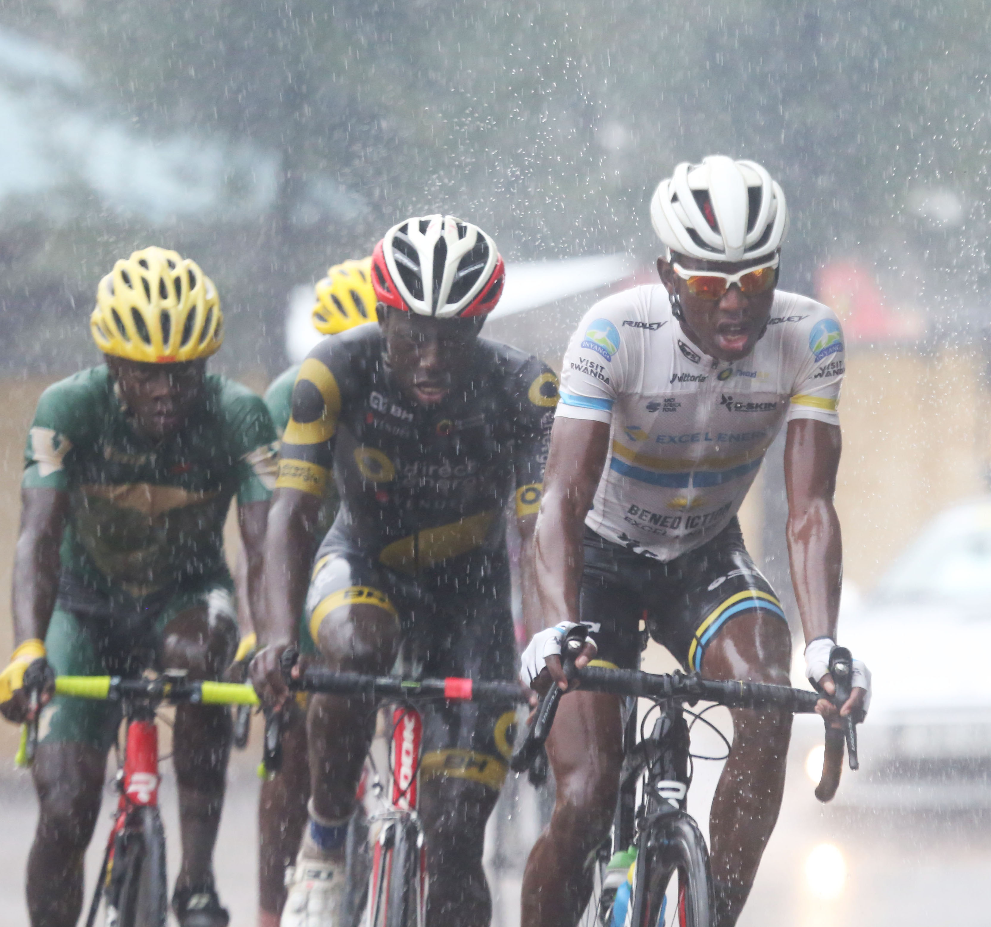 Jean Eric Habimana, 19, celebrates his solo finish after crossing the line to win the inaugural Heroes Cup in Nyamirambo on Sunday. Photo: 