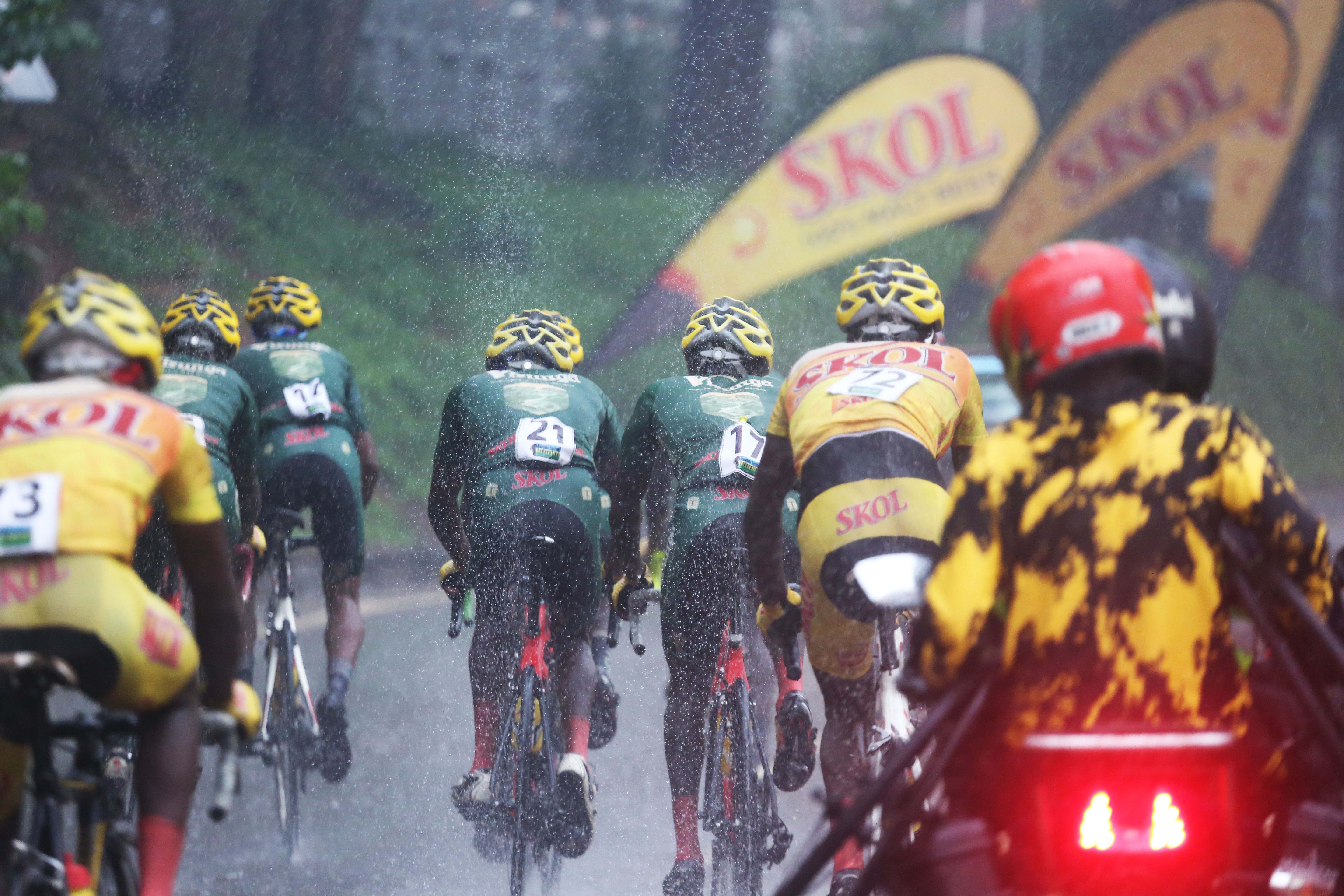 Jean Eric Habimana, 19, celebrates his solo finish after crossing the line to win the inaugural Heroes Cup in Nyamirambo on Sunday. Photo: 