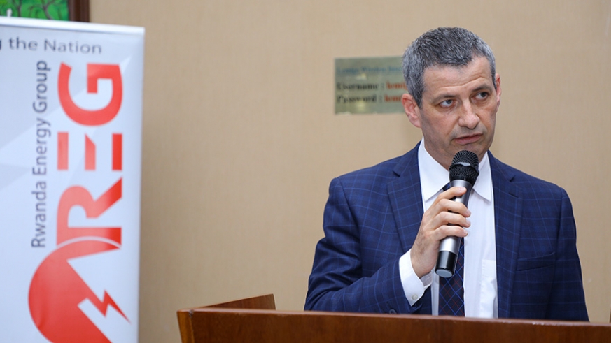 Ron Weiss, the CEO of Rwanda Energy Group (REG) addresses participants during the ceremony to celebrate the one-millionth household connected to electricity last week. Sam Ngendahimana