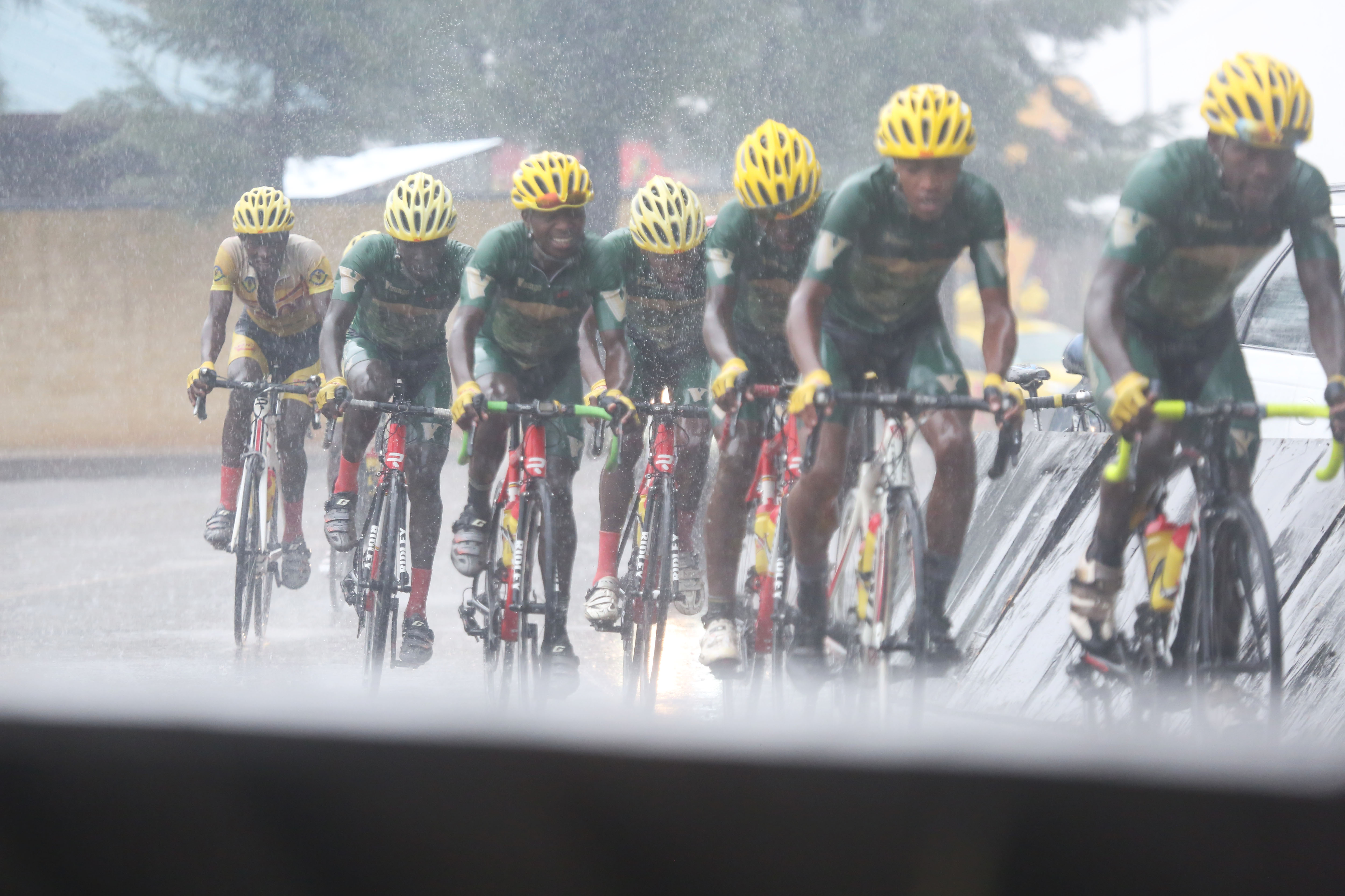 Jean Eric Habimana, 19, celebrates his solo finish after crossing the line to win the inaugural Heroes Cup in Nyamirambo on Sunday. Photo: 