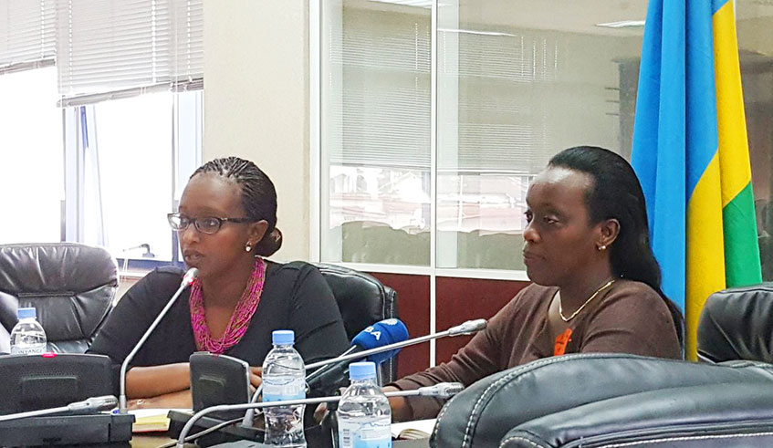 Dr Diane Gashumba, the Minister for Health (right), and Urujeni Bakuramutsa, the Permanent Secretary in the Ministry of Foreign Affairs, address  the news conference on Friday. Courtesy.