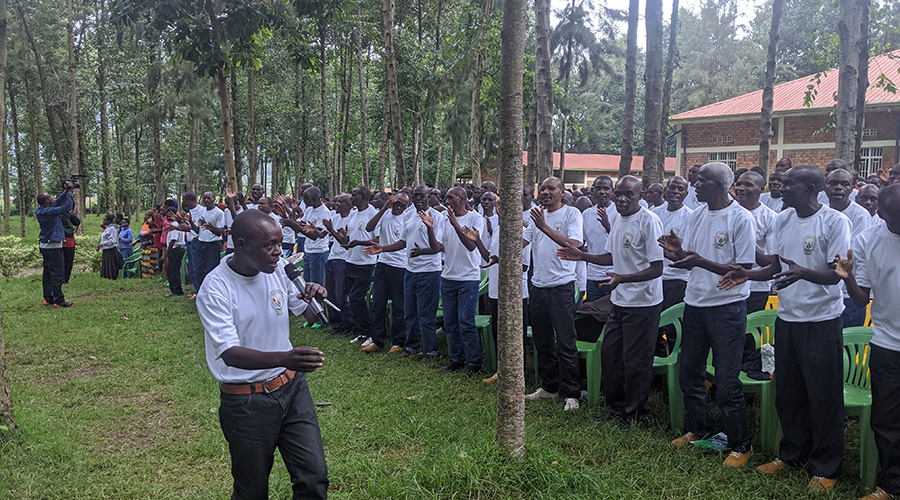 Former ex combatants sing and dance at Mutobo Demobilisation Centre in Musanze Distirct.