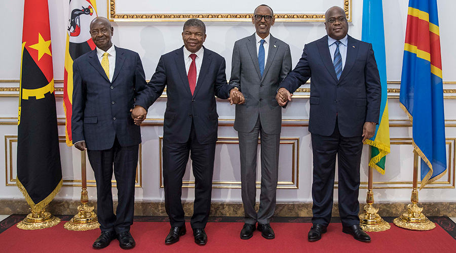 President Paul Kagame with his counterparts Yoweri Museveni of Uganda (left), Jou00e3o Lourenu00e7o of Angola (second left) and Fu00e9lix Tshisekedi of DR Congo. The heads of state agreed on five key resolutions as part of the efforts to normalize ties between Rwanda and Uganda. / Village Urugwiro